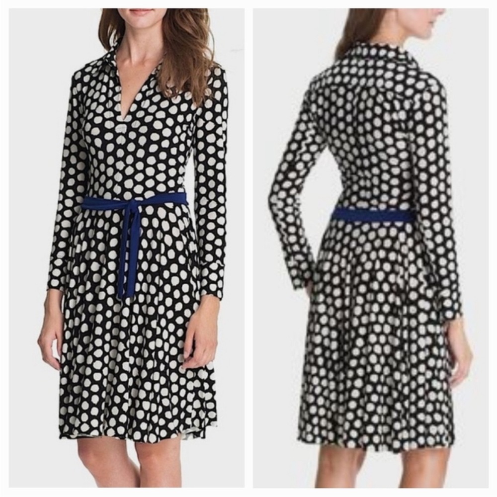 KAMALIKULTURE belted polka dot long sleeve collared dress size XS